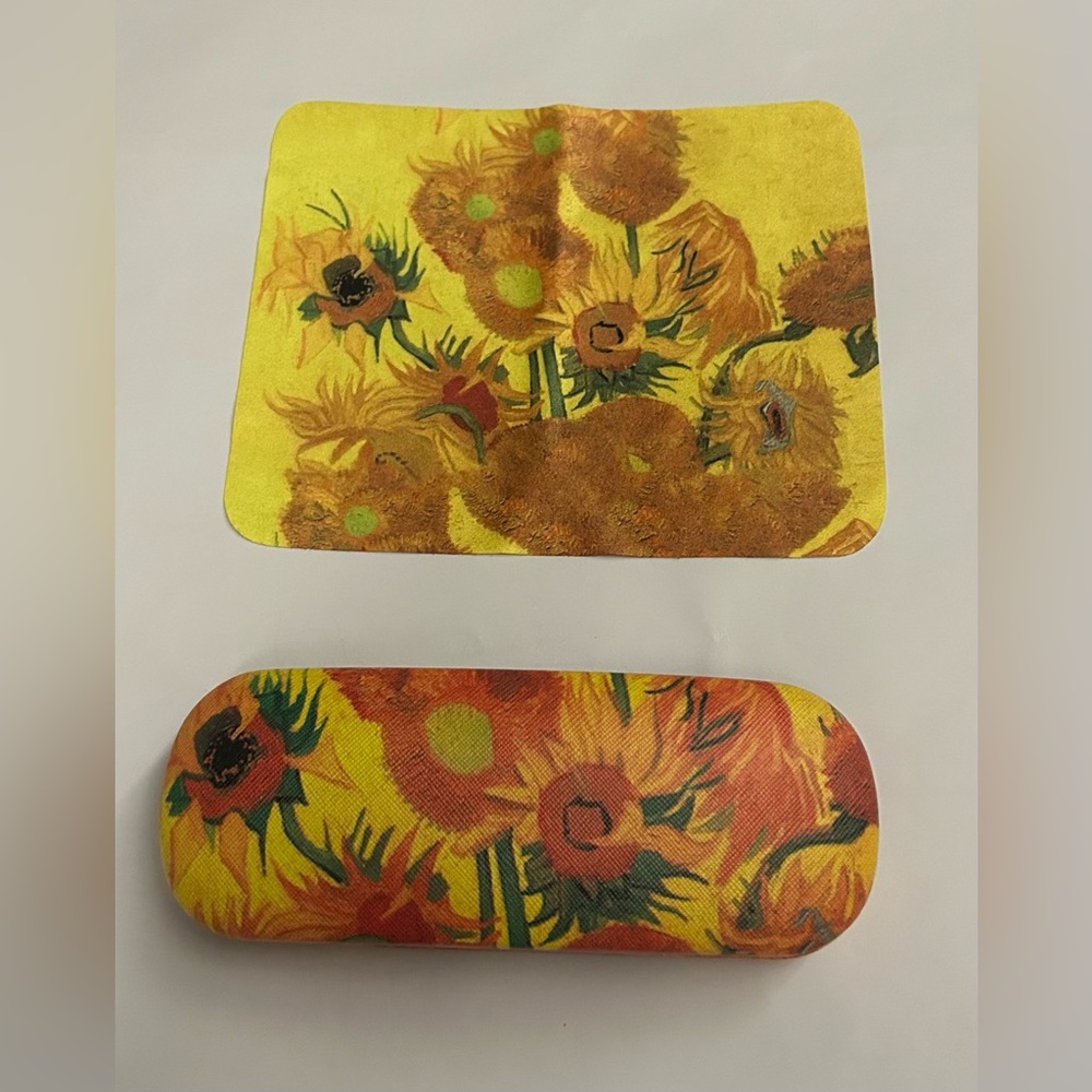 New Sunflowers Hard Eyeglases Case Van Gogh Snaps Felt Lining Cleaning Cloth